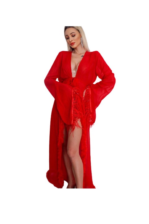 Halat Splendore din voal matasos, Little Queen cu puf si pene, rosu, S-M