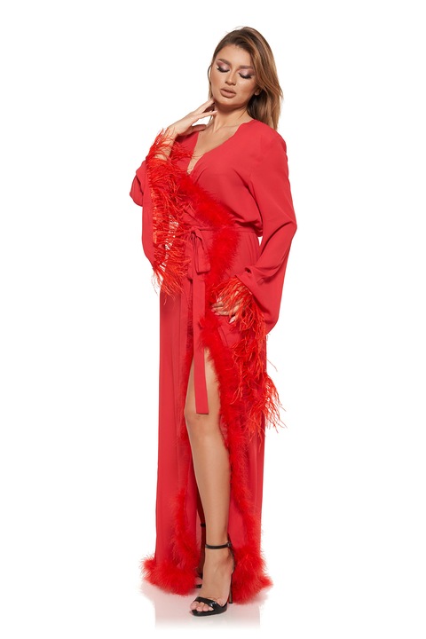 Halat Splendore din voal matasos, Little Queen cu puf si pene, rosu, S-M