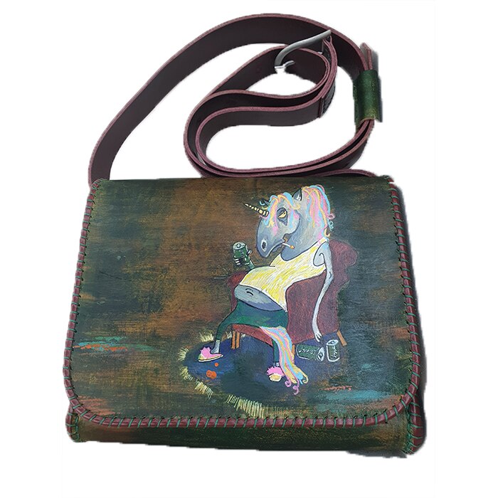 Poseta piele cu unicorn, AG Design, culoare verde, dimensiune 25/22/10