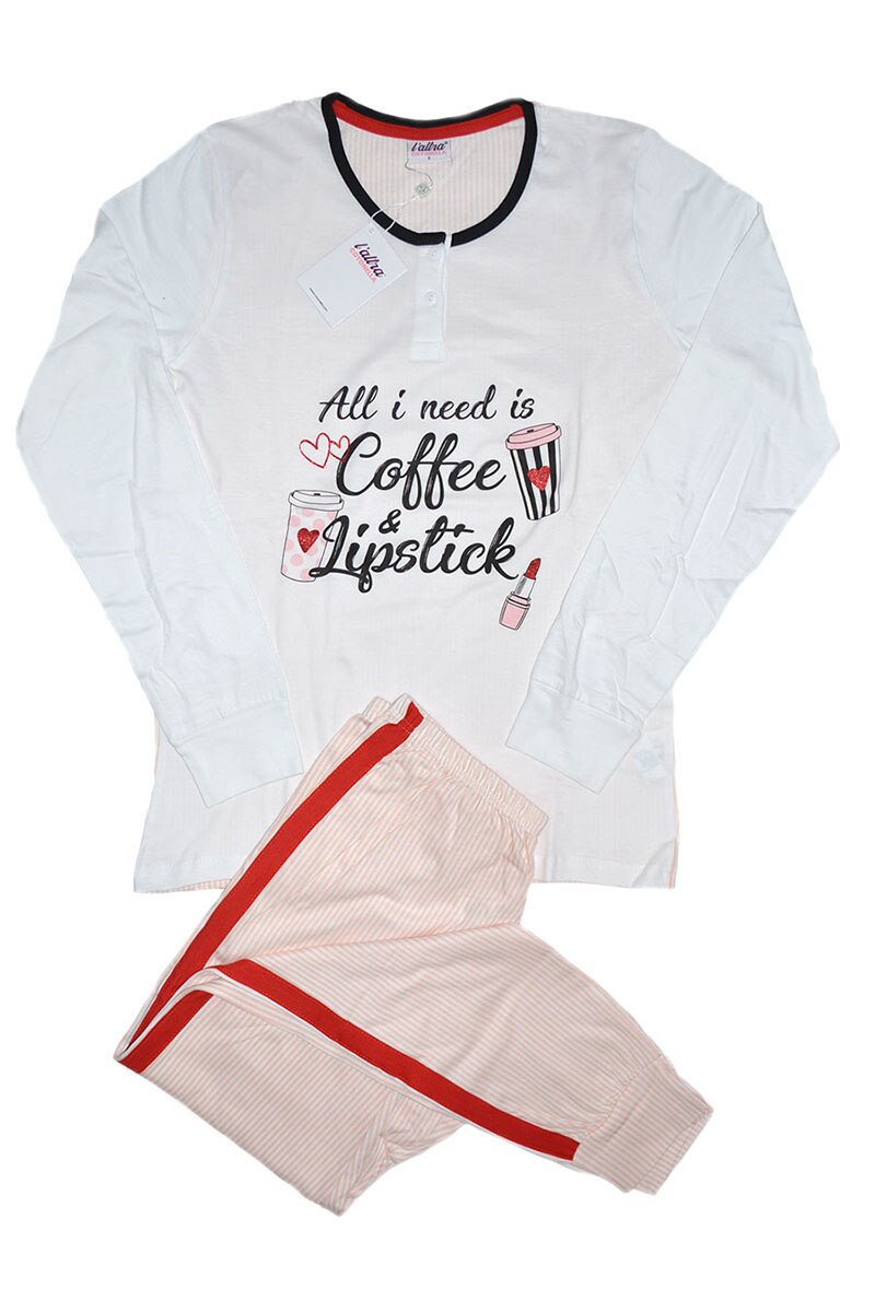 Pijama dama Cotonella Nikole DDB70, Alb/Roz pal