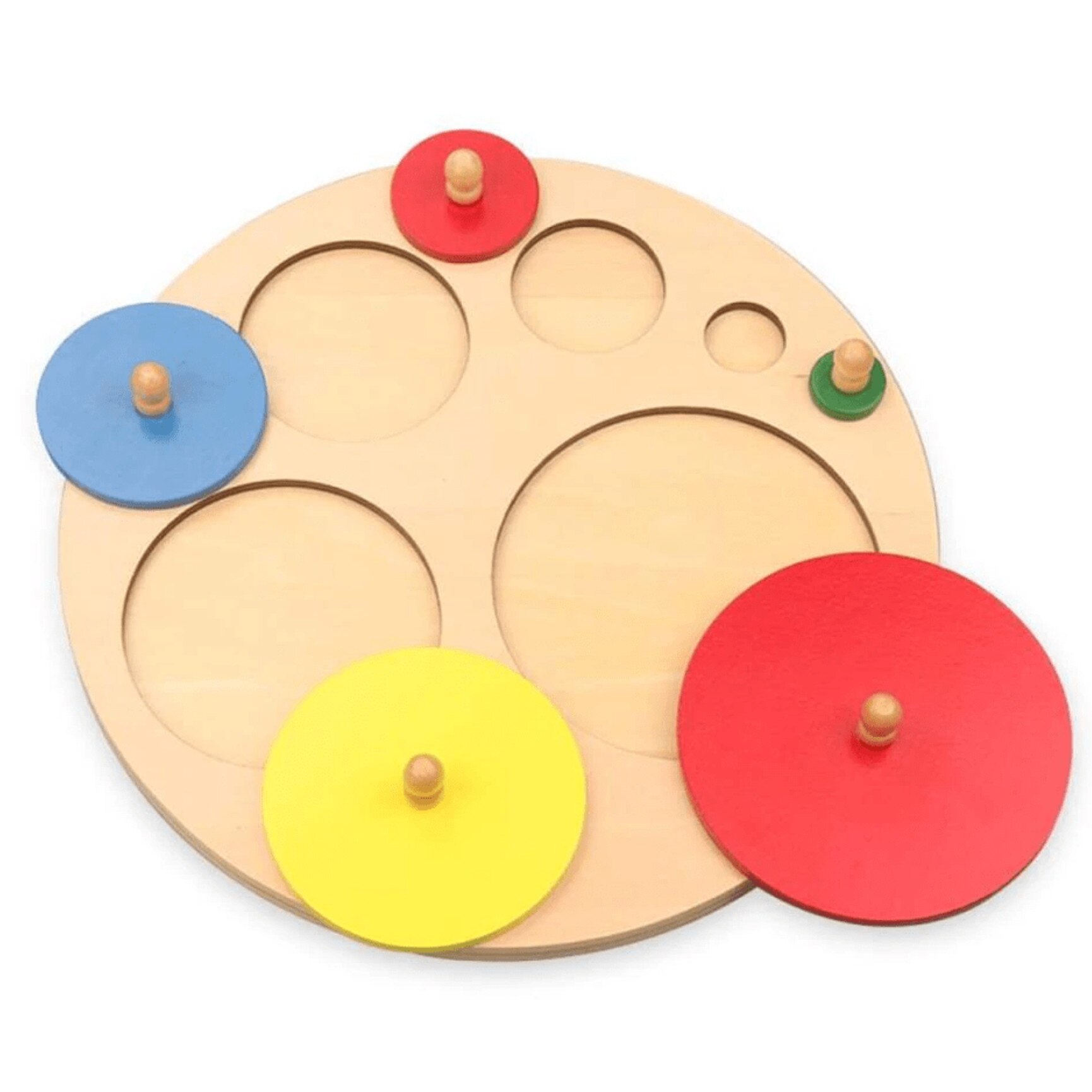 Puzzle incastru din lemn, 5 cercuri cu maner - Montessori