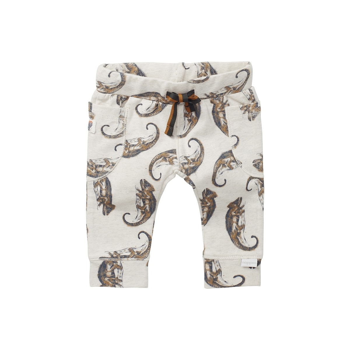 Pantaloni bebe, NOPPIES, bumbac organic, cu snur, imprimeu cameleoni, Tivoli, gri