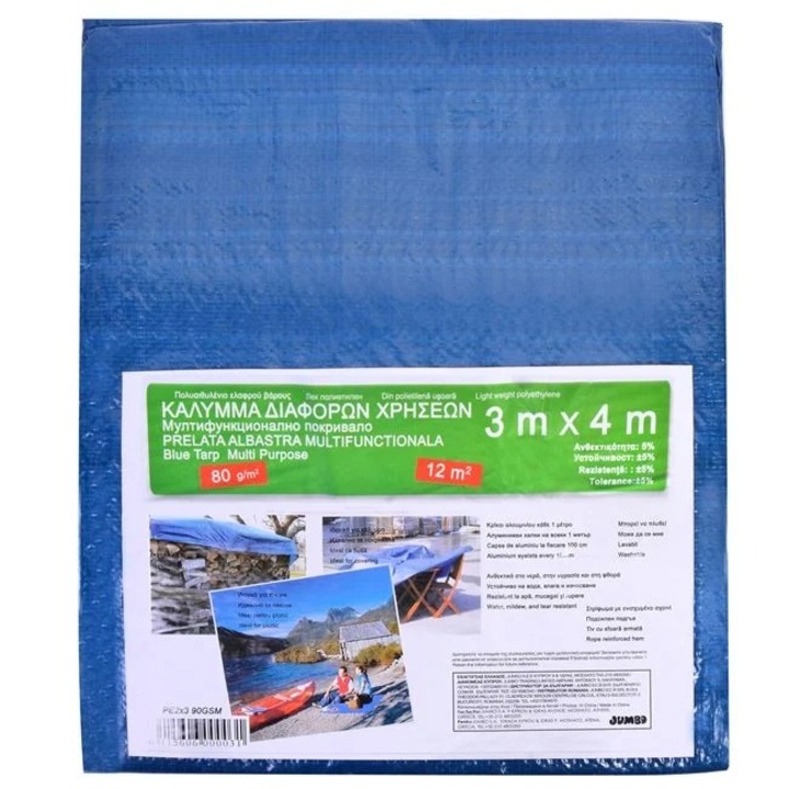 OEM Vízálló ponyva, 3 x 4 m, alumínium kapcsok, polietilén, 80 g / nm, kék