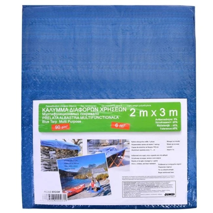 OEM vízálló ponyva, 2 x 3 m, alumínium kapcsok 100 cm-enként, polietilén, 80 g/m2, kék