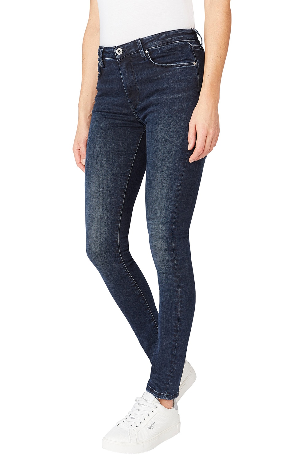 Pepe Jeans London, Blugi skinny cu talie inalta Regent, Bleumarin inchis/Alb prafuit