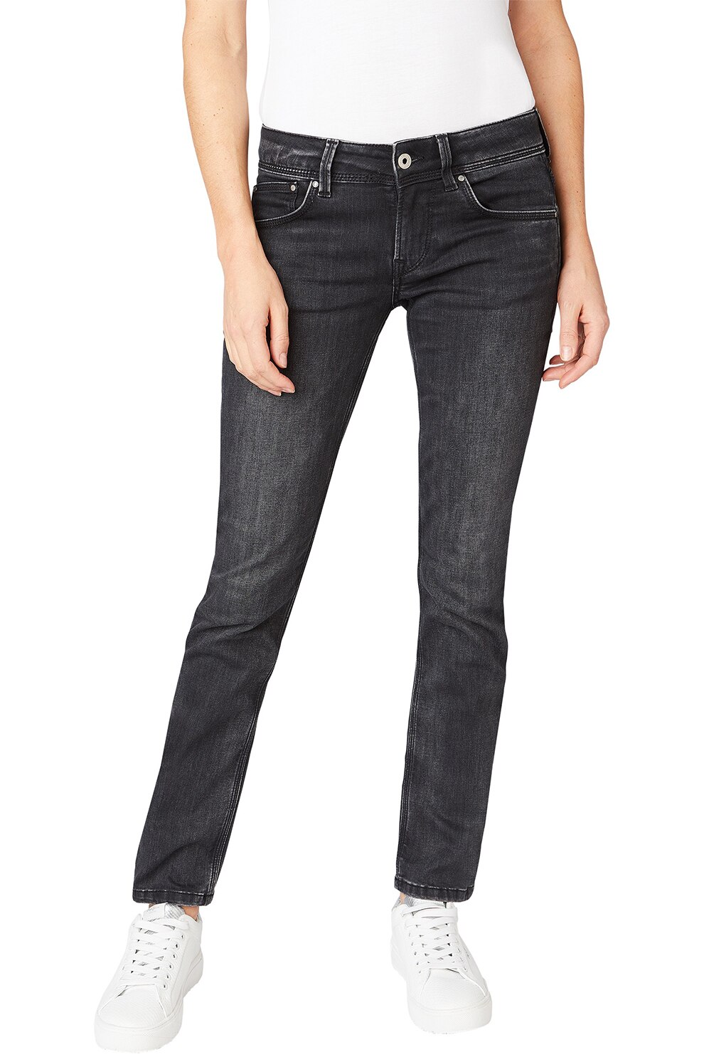 Pepe Jeans London, Blugi drepti cu talie medie Saturn, Negru stins/gri inchis