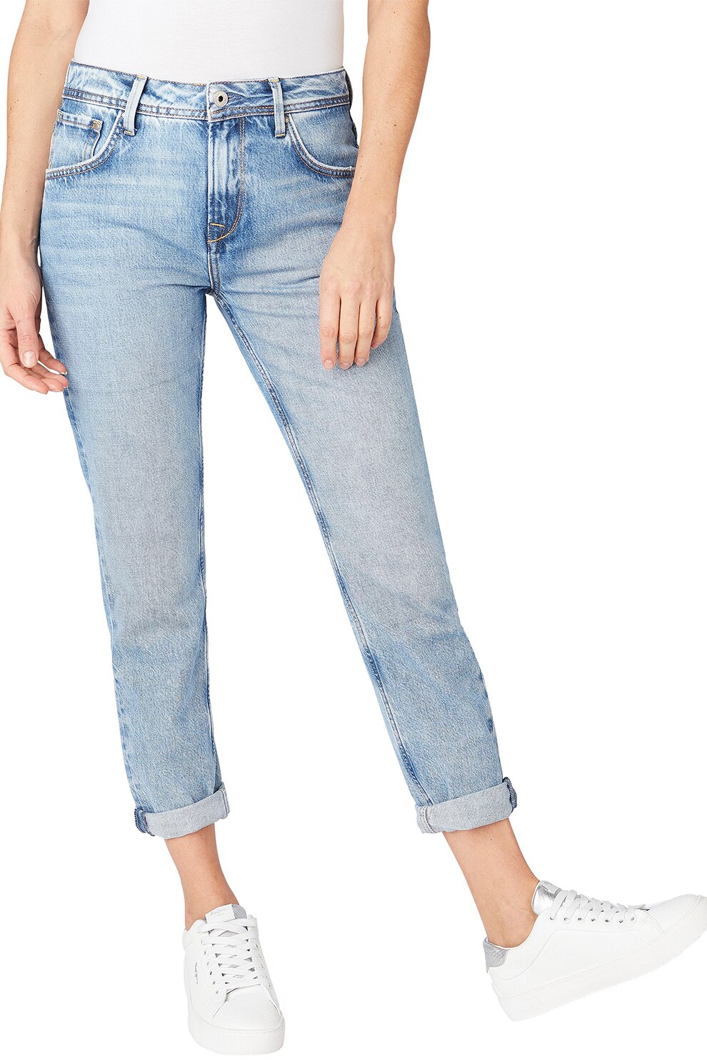 Pepe Jeans London, Blugi mom fit Violet, Albastru pastel/Albastru inchis