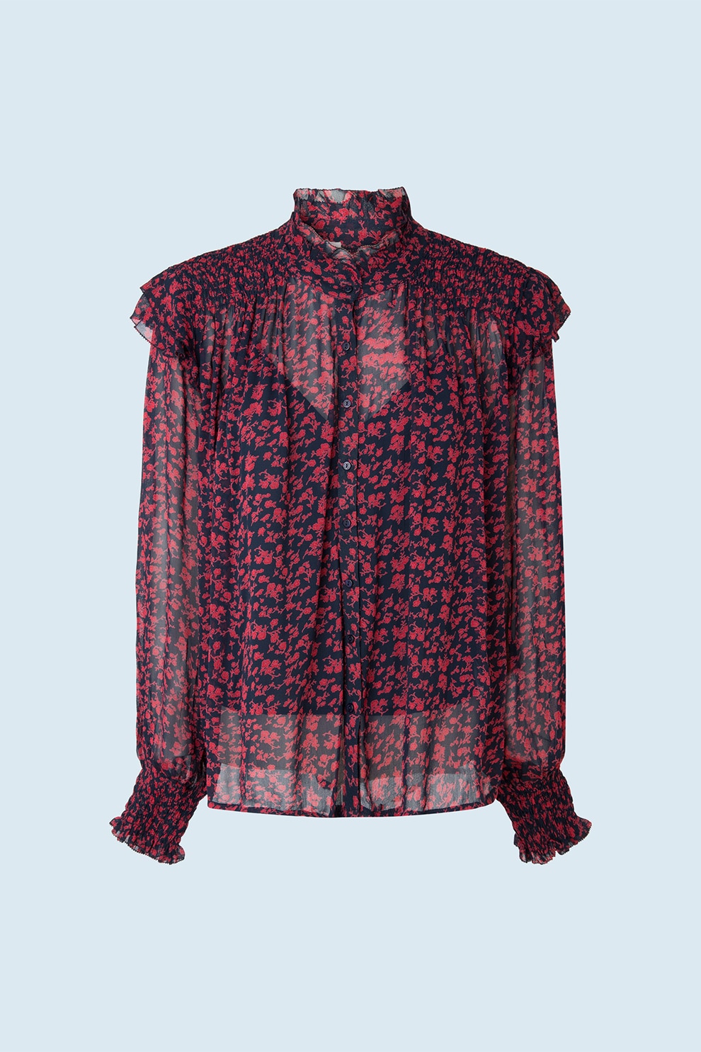 Pepe Jeans London, Camasa semi-transparenta cu guler mediu, Bleumarin inchis/Rosu