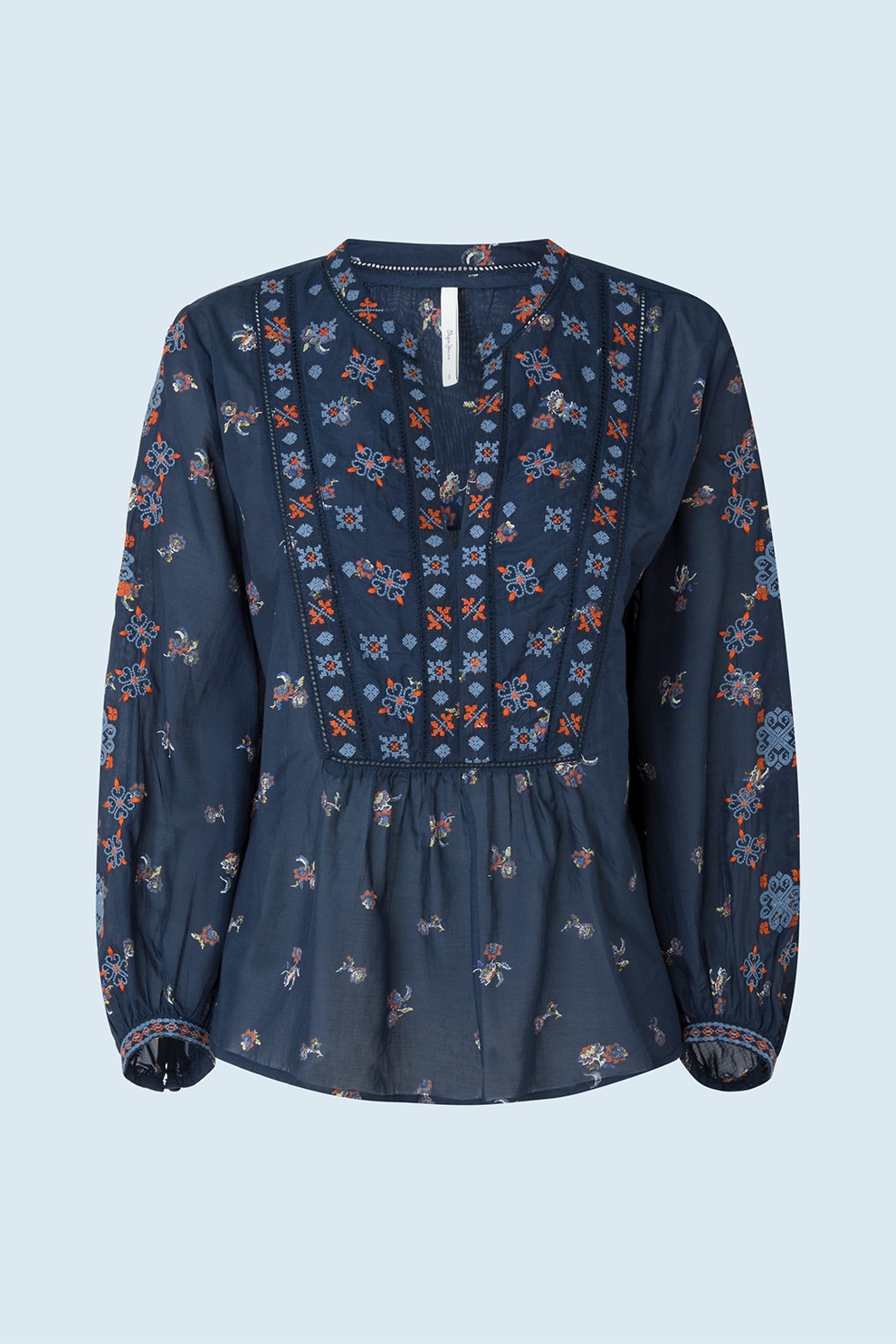 Pepe Jeans London, Bluza-tunica cu broderie traditionala, Bleumarin/Oranj mandarina/Bleu