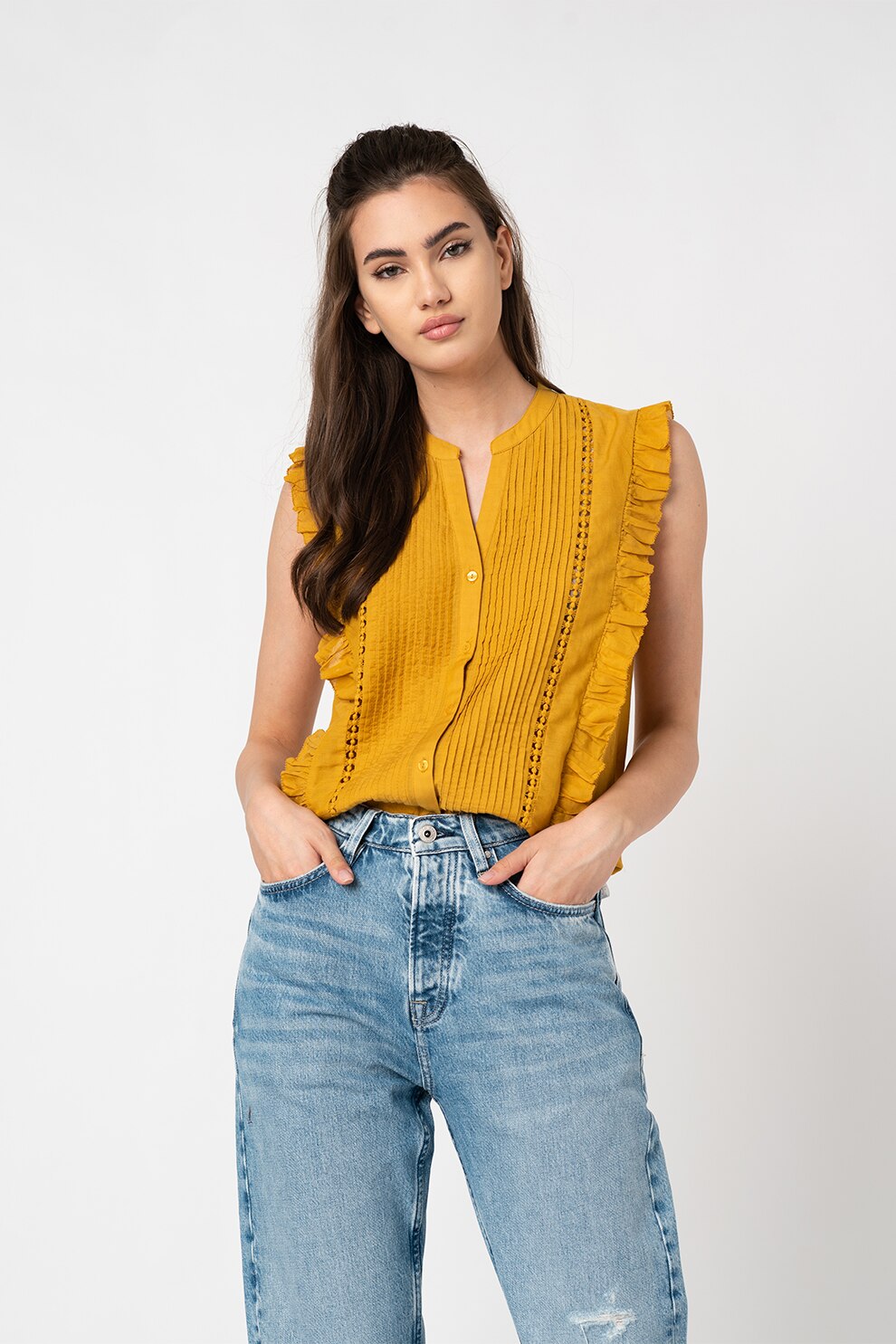 Pepe Jeans London, Camasa cu detalii perforate Isla, Galben mustar