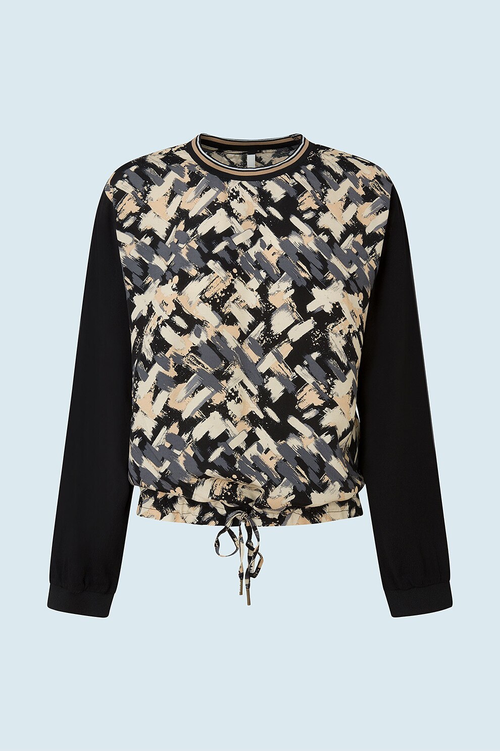 Pepe Jeans London, Bluza cu imprimeu si decolteu la baza gatului, Negru/Crem/Gri inchis