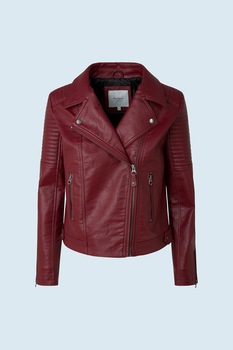 Pepe Jeans London, Jacheta de piele ecologica cu inchidere asimetrica, Rosu inchis Pepe Jeans London, Jacheta de piele ecologica cu inchidere asimetrica, Rosu inchis