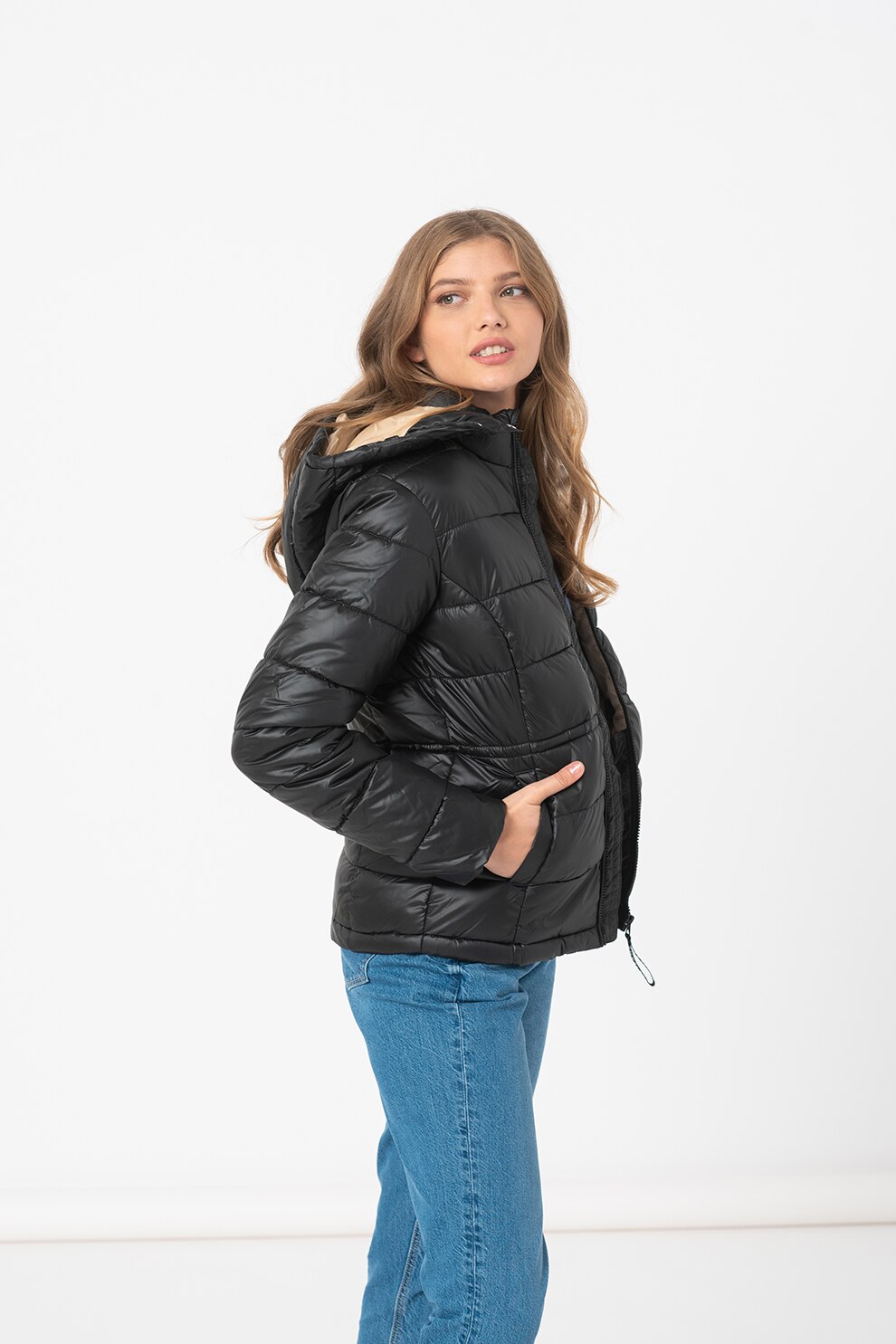Pepe Jeans London, Geaca cu vatelina si gluga detasabila Camille, Negru