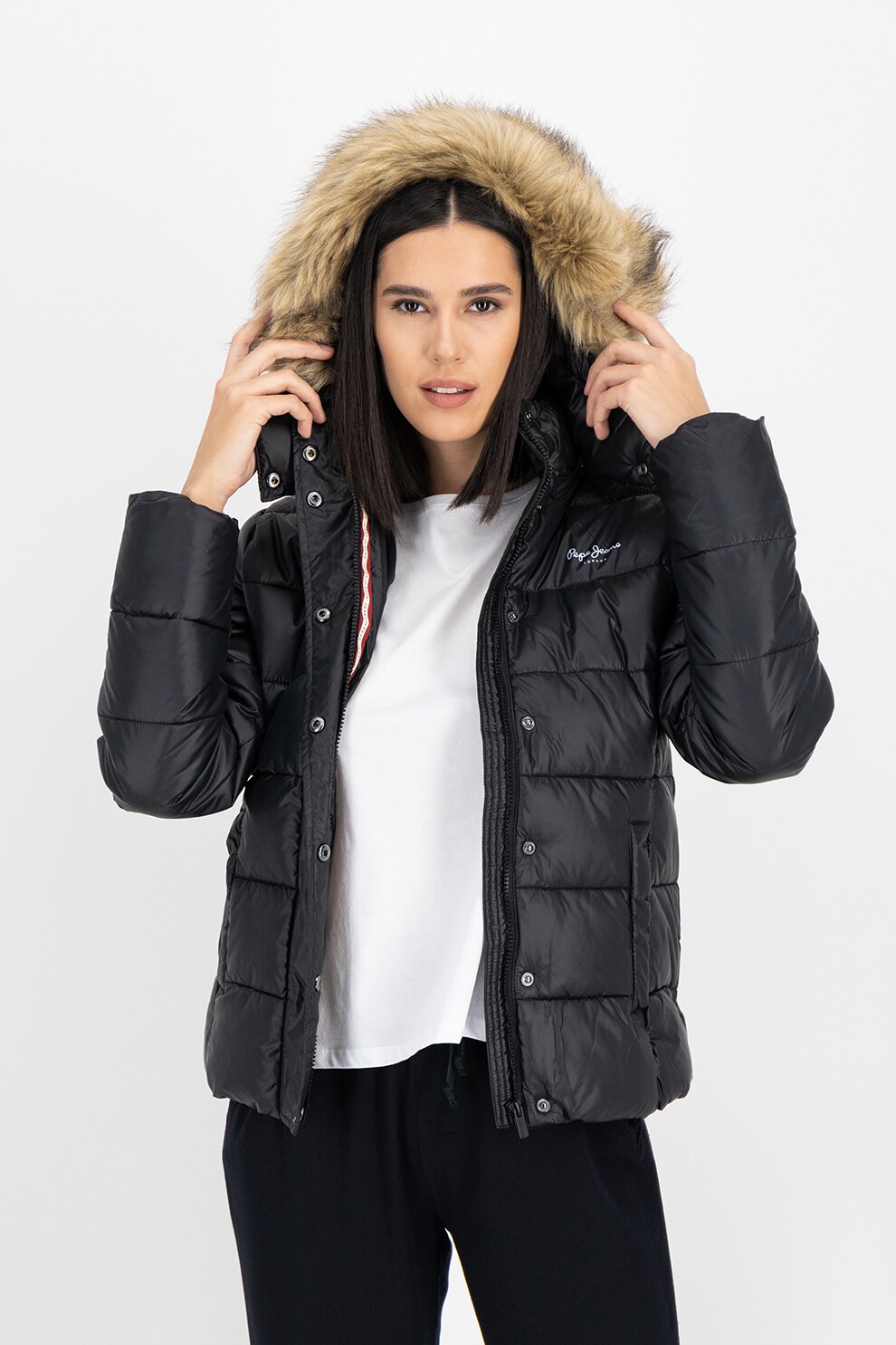 Pepe Jeans London, Geaca matlasata cu gluga detasabila, Negru/Alb
