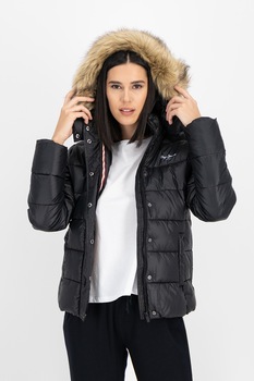Pepe Jeans London, Geaca matlasata cu gluga detasabila, Negru/Alb Pepe Jeans London, Geaca matlasata cu gluga detasabila, Negru/Alb