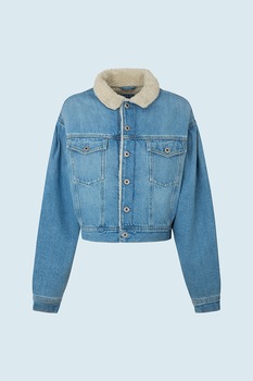 Pepe Jeans London, Jacheta de denim cu captuseala de blana shearling sintetica, Bleu/Alb prafuit Pepe Jeans London, Jacheta de denim cu captuseala de blana shearling sintetica, Bleu/Alb prafuit