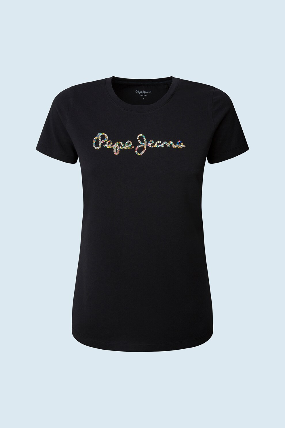 Pepe Jeans London, Tricou cu decolteu rotund si logo, Negru/Argintiu