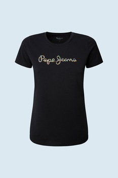 Pepe Jeans London, Tricou cu decolteu rotund si logo, Negru/Argintiu Pepe Jeans London, Tricou cu decolteu rotund si logo, Negru/Argintiu