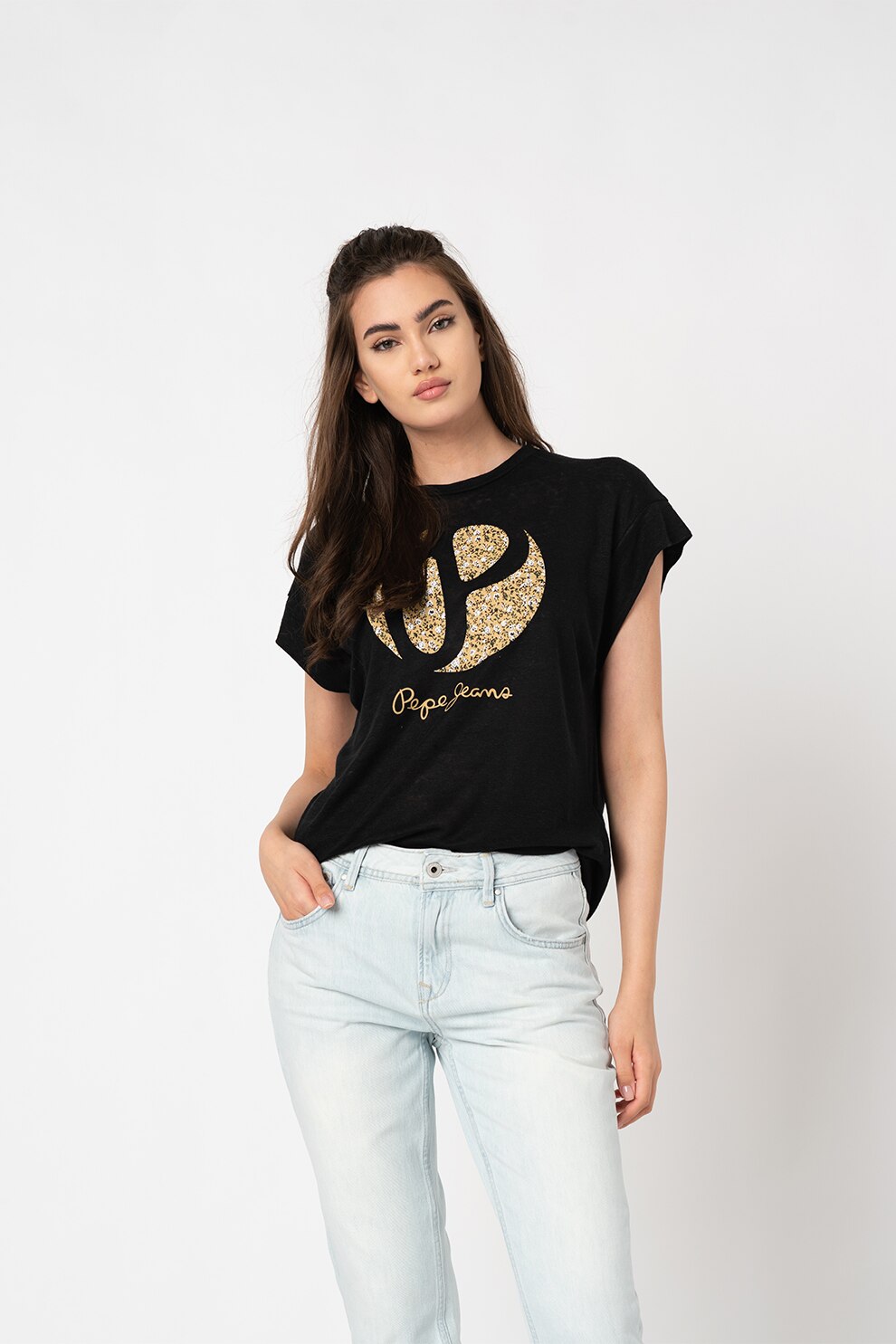 Pepe Jeans London, Tricou de in cu logo Alice, Negru/Maro camel/Alb
