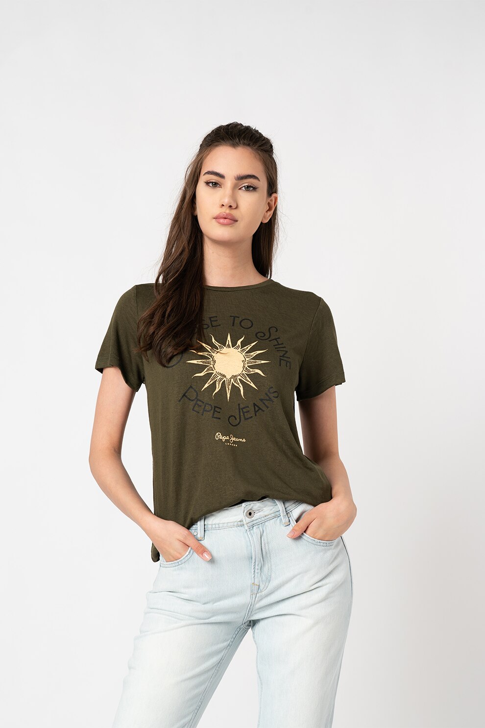 Pepe Jeans London, Tricou cu imprimeu Astrid, Verde militar