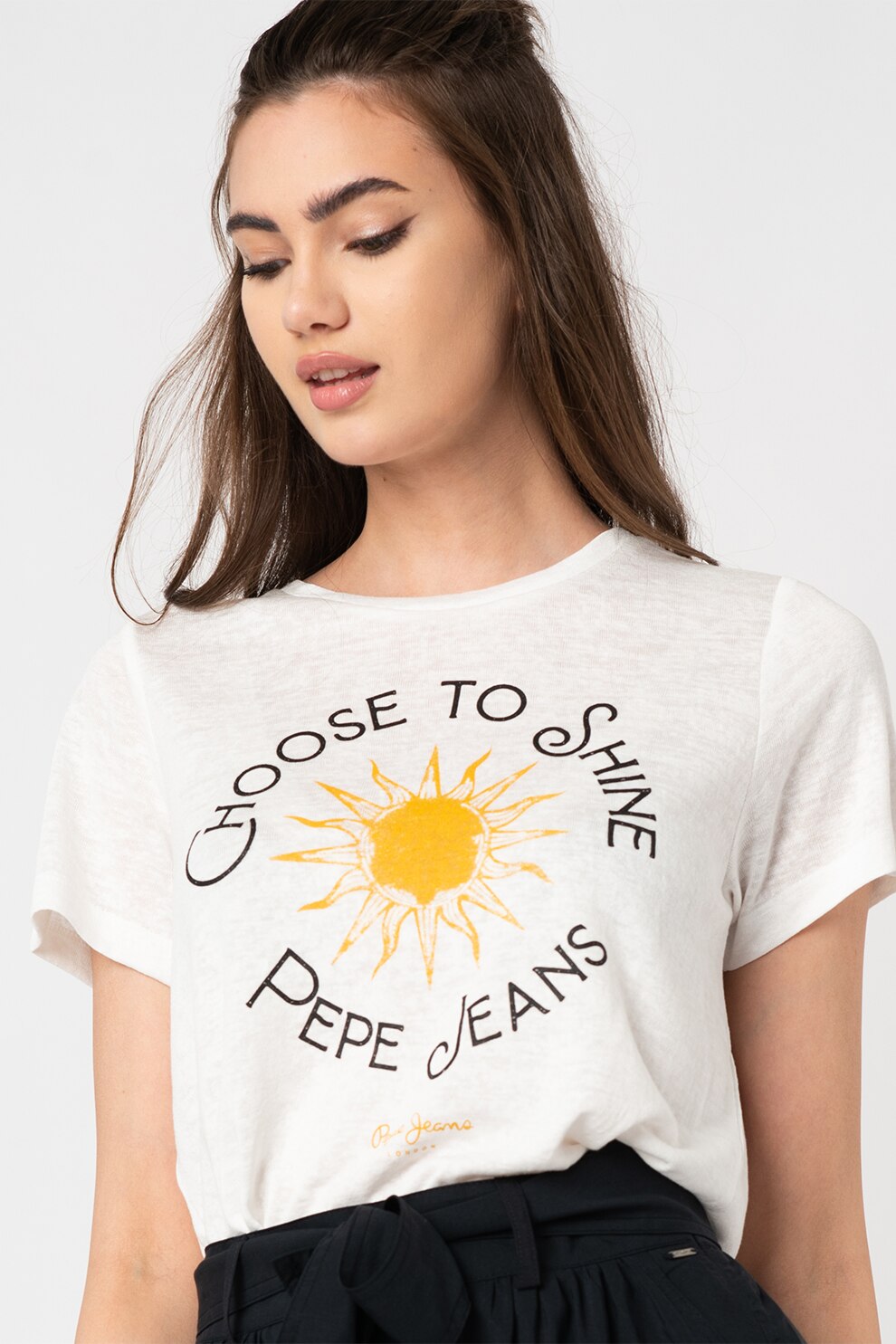 Pepe Jeans London, Tricou cu imprimeu Astrid, Alb/Galben/Negru