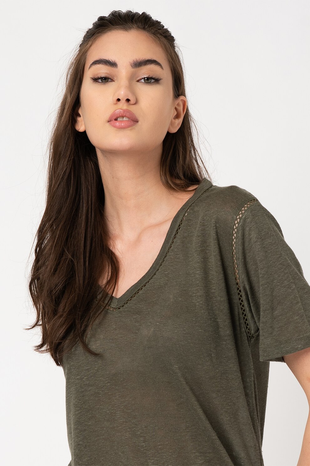 Pepe Jeans London, Tricou de in cu decolteu in V Anettes, Verde feriga melange