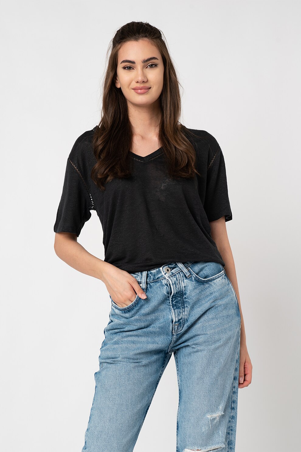 Pepe Jeans London, Tricou de in cu decolteu in V Anettes, Gri inchis melange