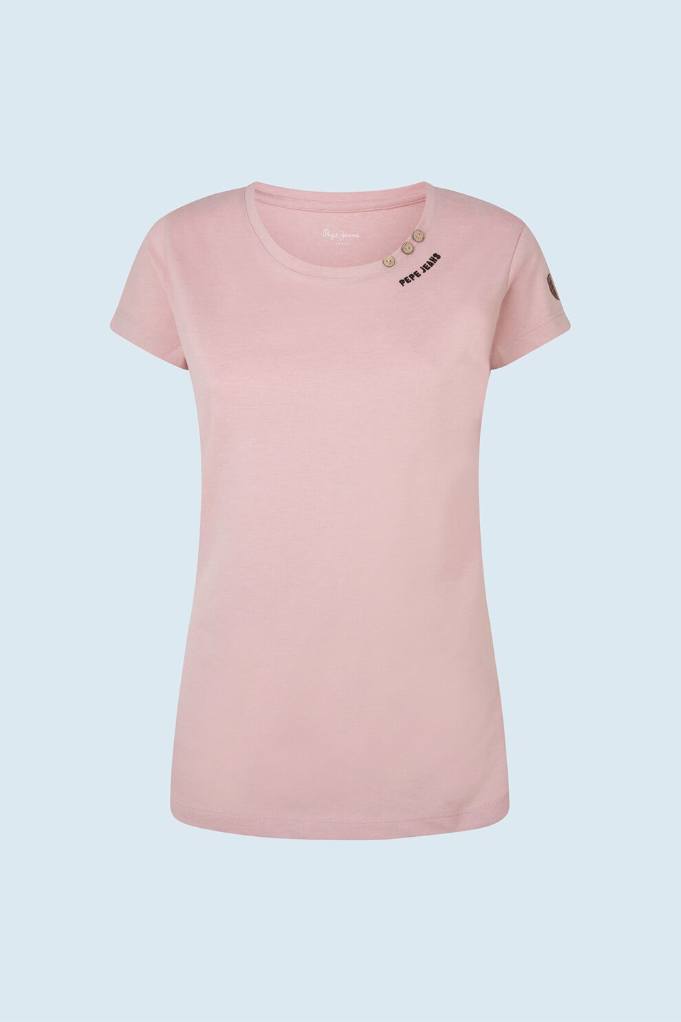 Pepe Jeans London, Tricou cu decolteu rotund si logo, Rosu stins