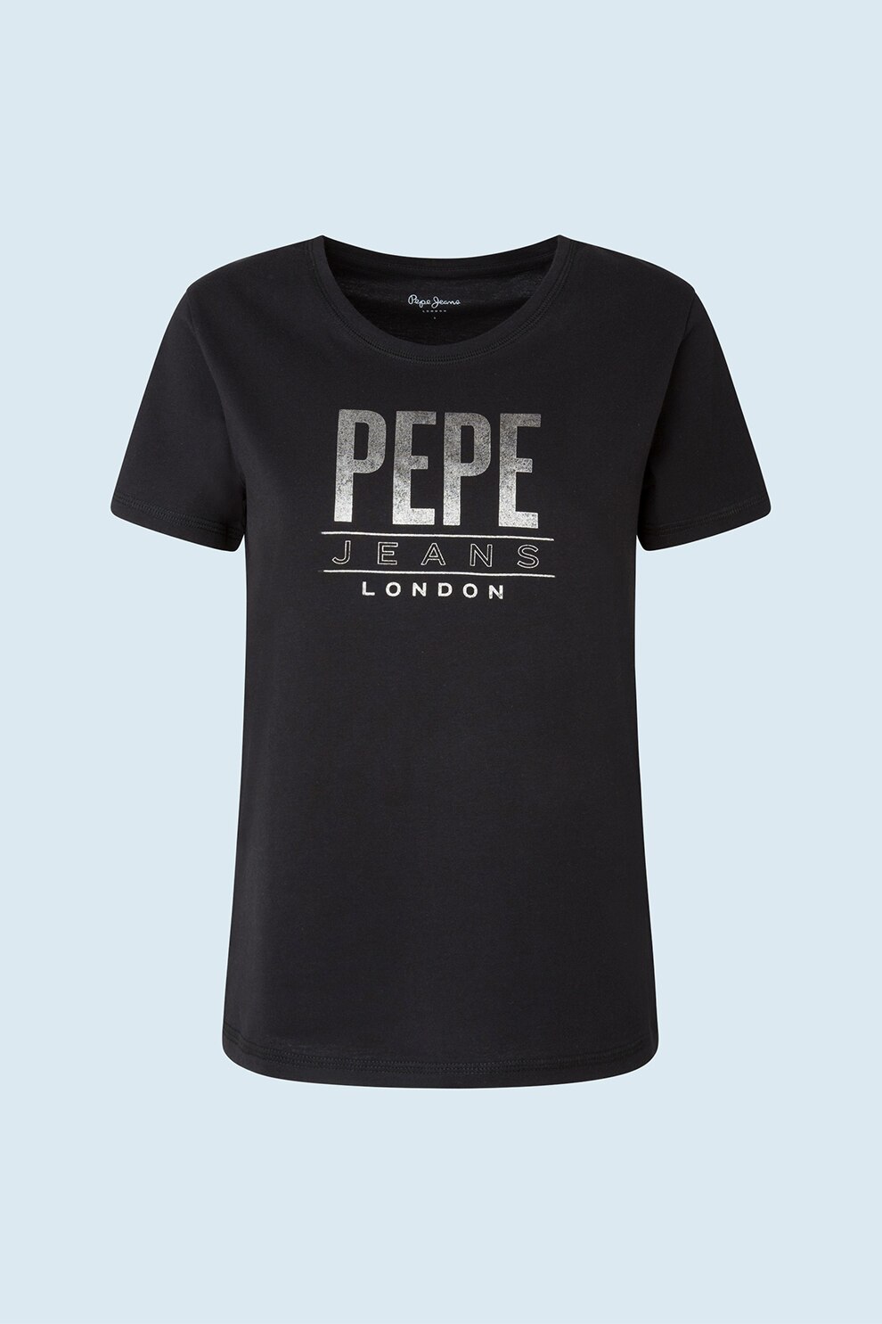 Pepe Jeans London, Tricou cu decolteu rotund si logo, Negru/Gri deschis, XS