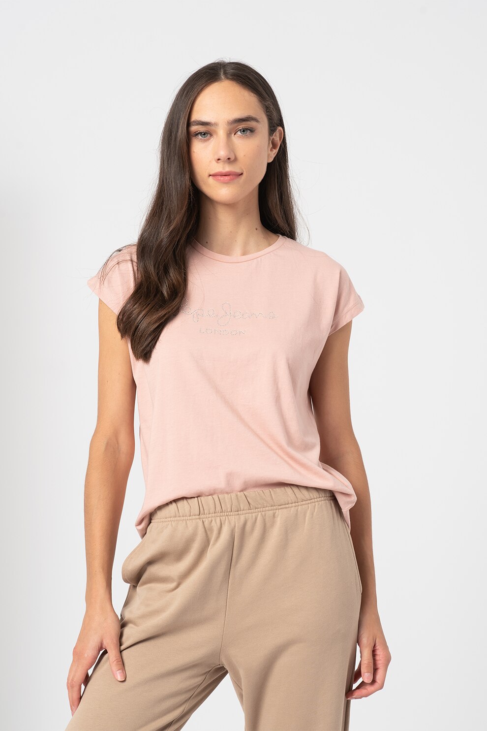 Pepe Jeans London, Tricou cu logo din strasuri Bonnie, Roz prafuit