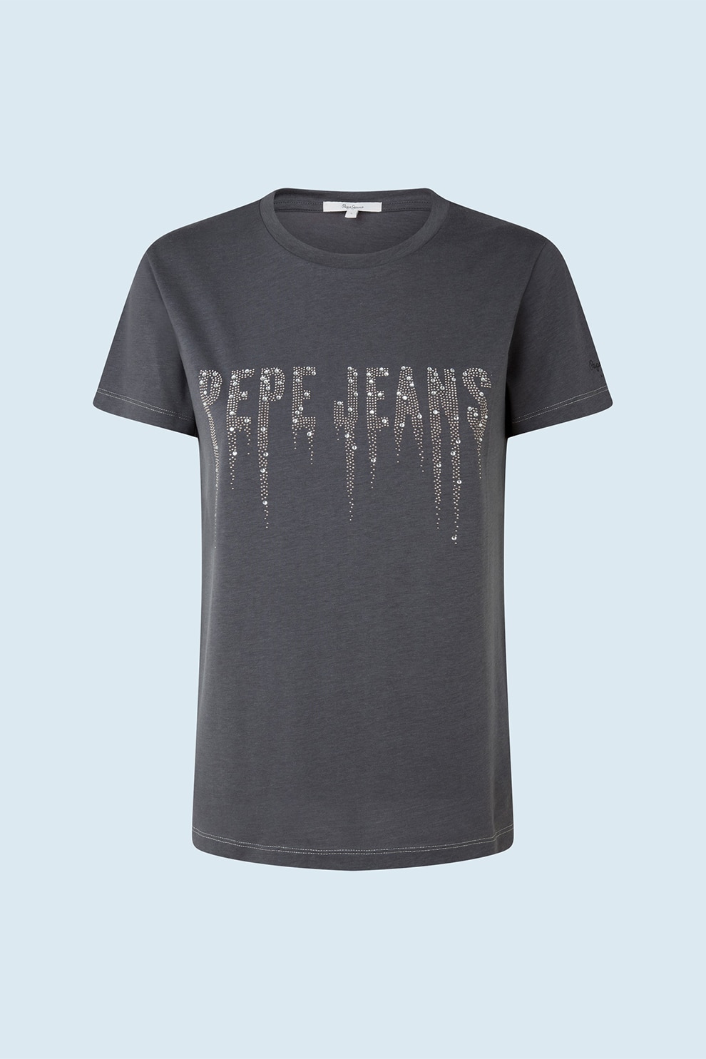 Pepe Jeans London, Tricou cu decolteu la baza gatului si aplicatie cu logo din tinte, Gri inchis/Argintiu