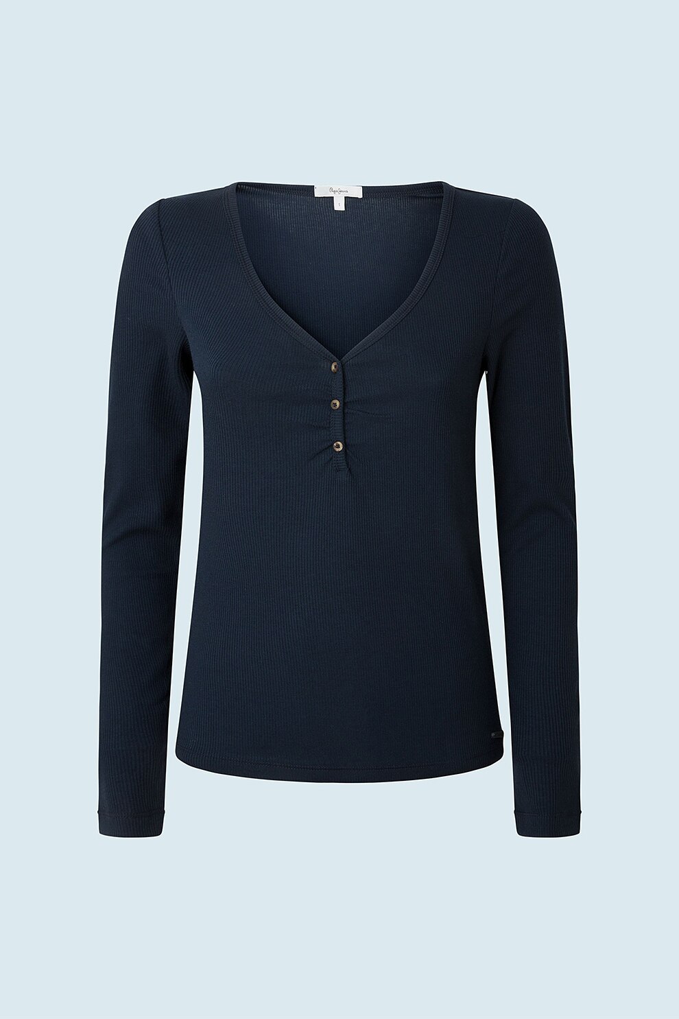 Pepe Jeans London, Bluza de jerseu cu decolteu in V si fenta cu nasturi, Bleumarin