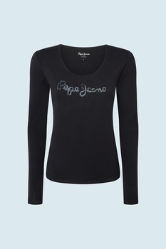 Pepe Jeans London, Bluza de jerseu cu logo de margele, Negru/Argintiu, M Pepe Jeans London, Bluza de jerseu cu logo de margele, Negru/Argintiu, M