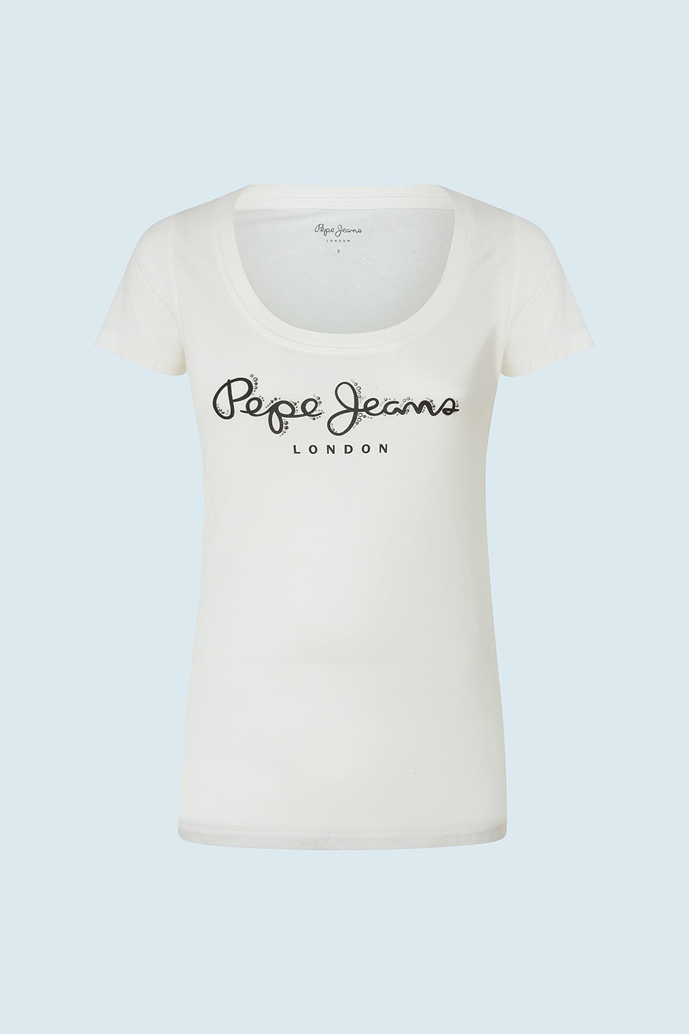 Pepe Jeans London, Tricou de jerseu cu strasuri, Alb prafuit/Negru