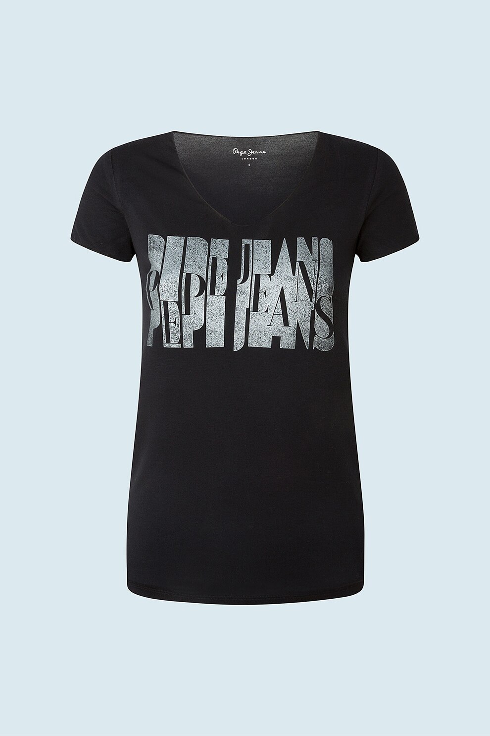 Pepe Jeans London, Tricou cu decolteu en-coeur cu logo metalizat, Negru/Gri carbune