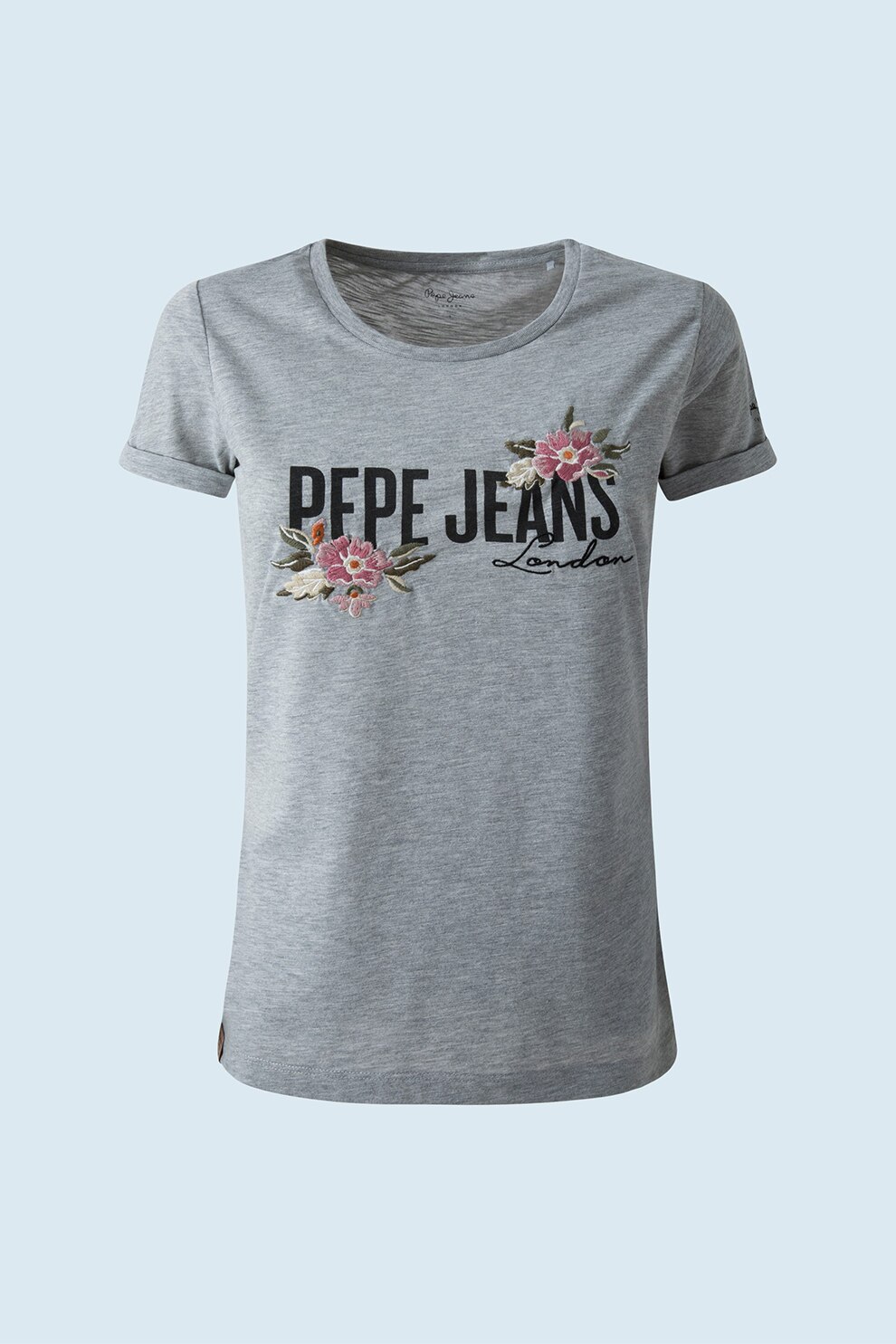 Pepe Jeans London, Tricou de jerseu cu motive florale brodate, Gri melange/Negru/Roz