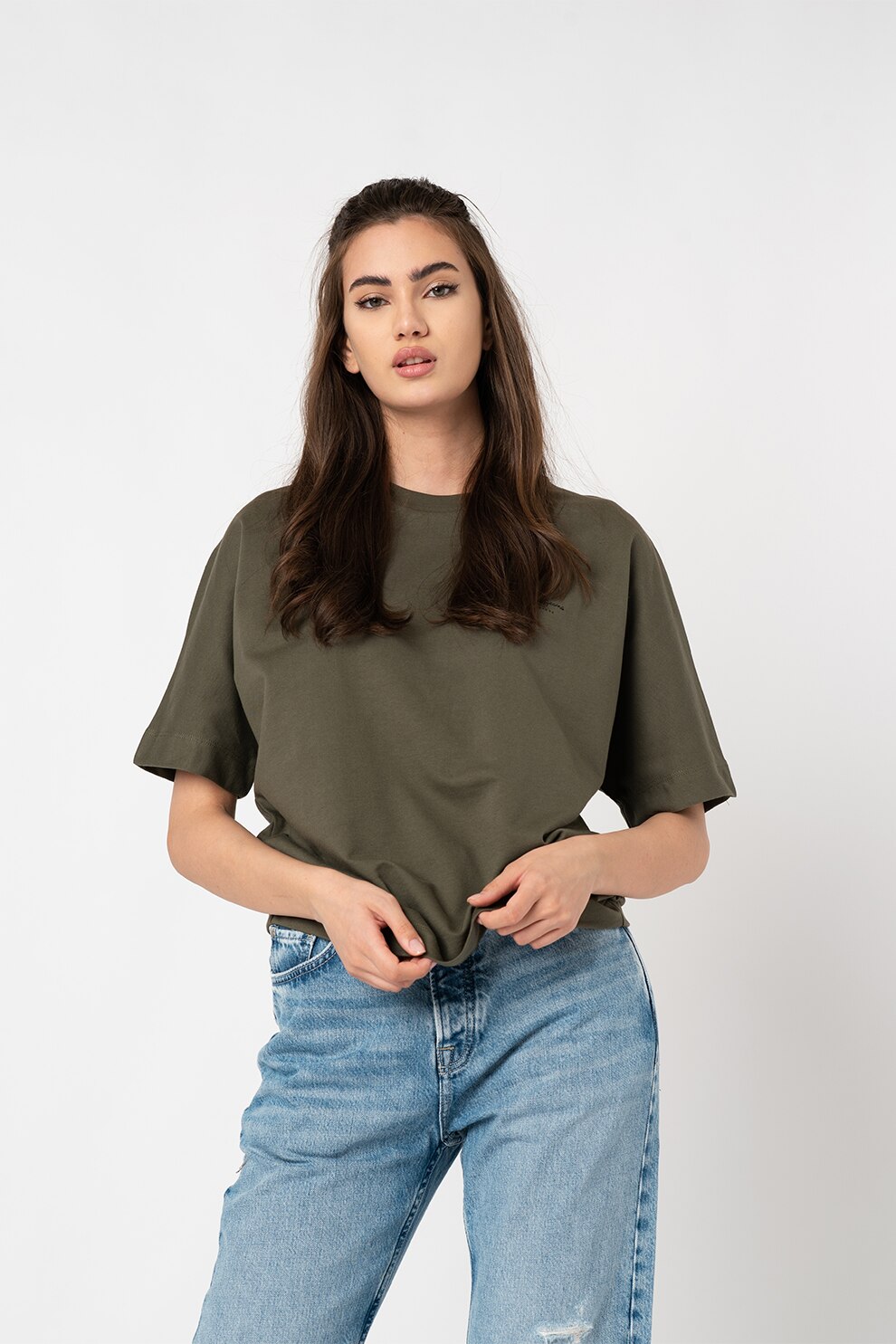 Pepe Jeans London, Tricou de bumbac cu maneci medii Agnes, Verde feriga