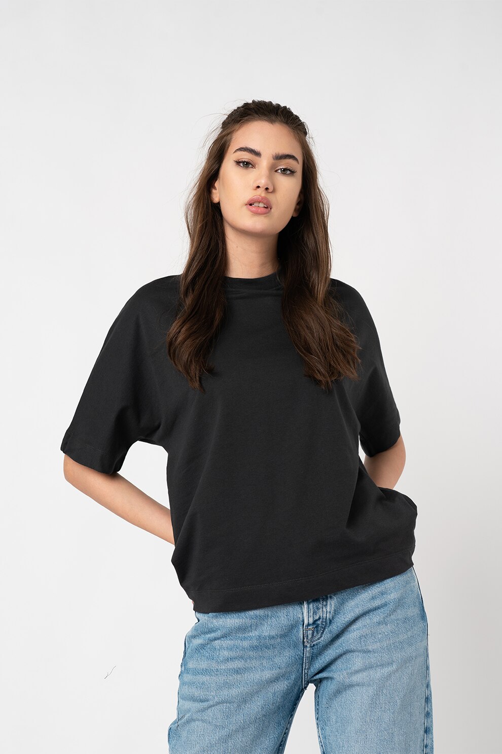 Pepe Jeans London, Tricou de bumbac cu maneci medii Agnes, Gri antracit