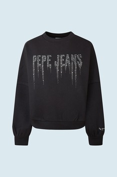Pepe Jeans London, Bluza sport cu logo cu tinte si maneci cazute, Negru fad/Argintiu, S Pepe Jeans London, Bluza sport cu logo cu tinte si maneci cazute, Negru fad/Argintiu, S