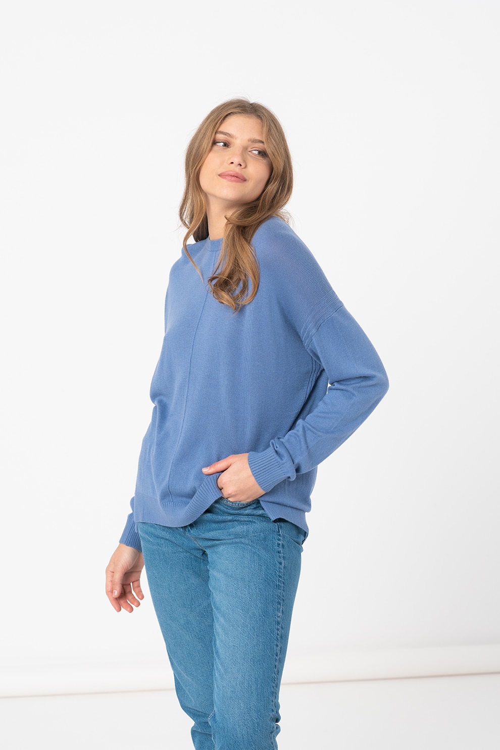 Pepe Jeans London, Pulover cu decolteu la baza gatului si maneci cazute Carol, Albastru lavanda