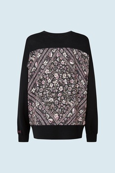 Pepe Jeans London, Pulover tricotat fin cu insertii florale pe spate, Negru/Alb prafuit/Verde Pepe Jeans London, Pulover tricotat fin cu insertii florale pe spate, Negru/Alb prafuit/Verde