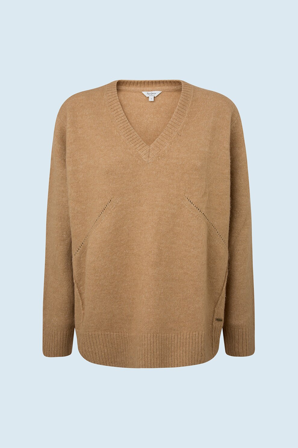 Pepe Jeans London, Pulover din amestec de lana cu decolteu in V, Cafeniu