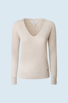 Pepe Jeans London, Pulover din amestec de lana cu decolteu in V si aspect striat, Alb fildes Pepe Jeans London, Pulover din amestec de lana cu decolteu in V si aspect striat, Alb fildes