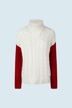 Pepe Jeans London, Pulover din amestec de lana cu guler inalt si maneci contrastante, Alb/Rosu inchis Pepe Jeans London, Pulover din amestec de lana cu guler inalt si maneci contrastante, Alb/Rosu inchis