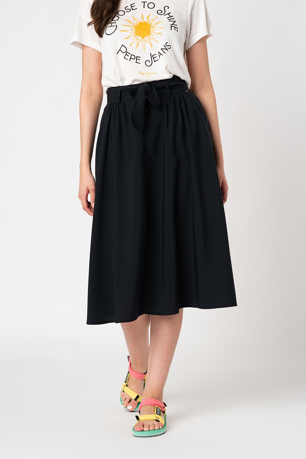 Pepe Jeans London, Fusta midi evazata din amestec de lyocell cu snur Maya, Albastru inchis