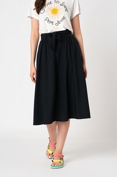 Pepe Jeans London, Fusta midi evazata din amestec de lyocell cu snur Maya, Albastru inchis Pepe Jeans London, Fusta midi evazata din amestec de lyocell cu snur Maya, Albastru inchis