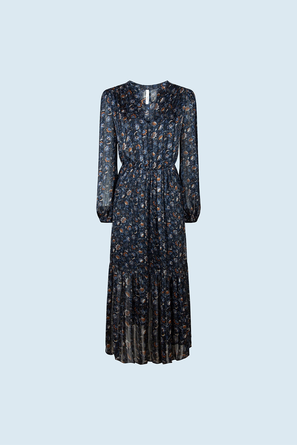 Pepe Jeans London, Rochie maxi vaporoasa cu model floral, Bleumarin/Maro/Alb