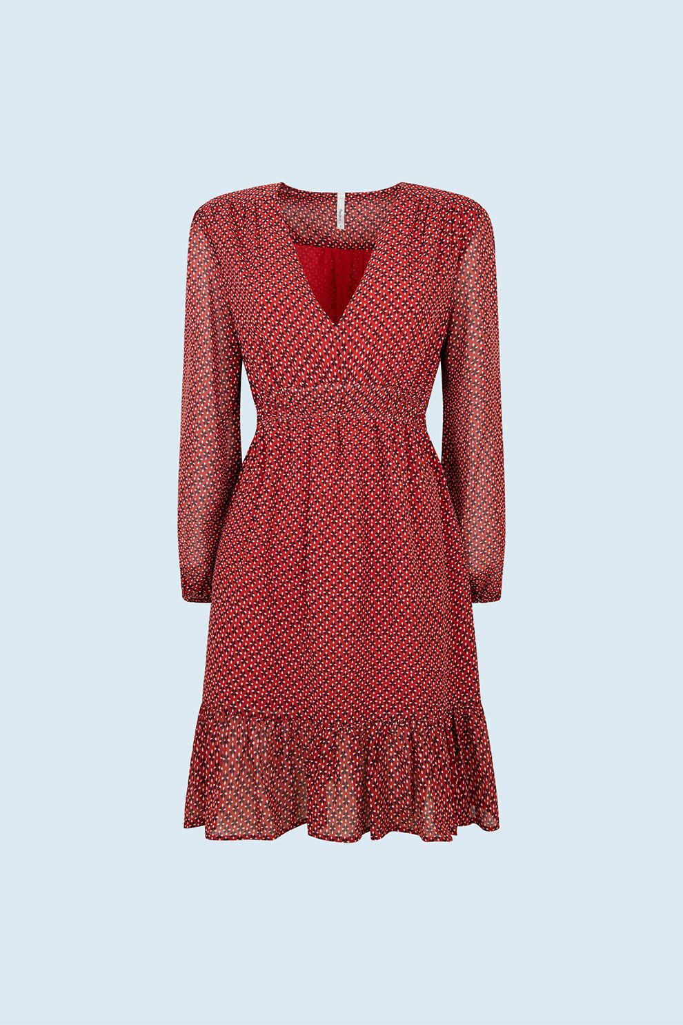 Pepe Jeans London, Rochie mini cu decolteu in V, Rosu/Alb/Negru