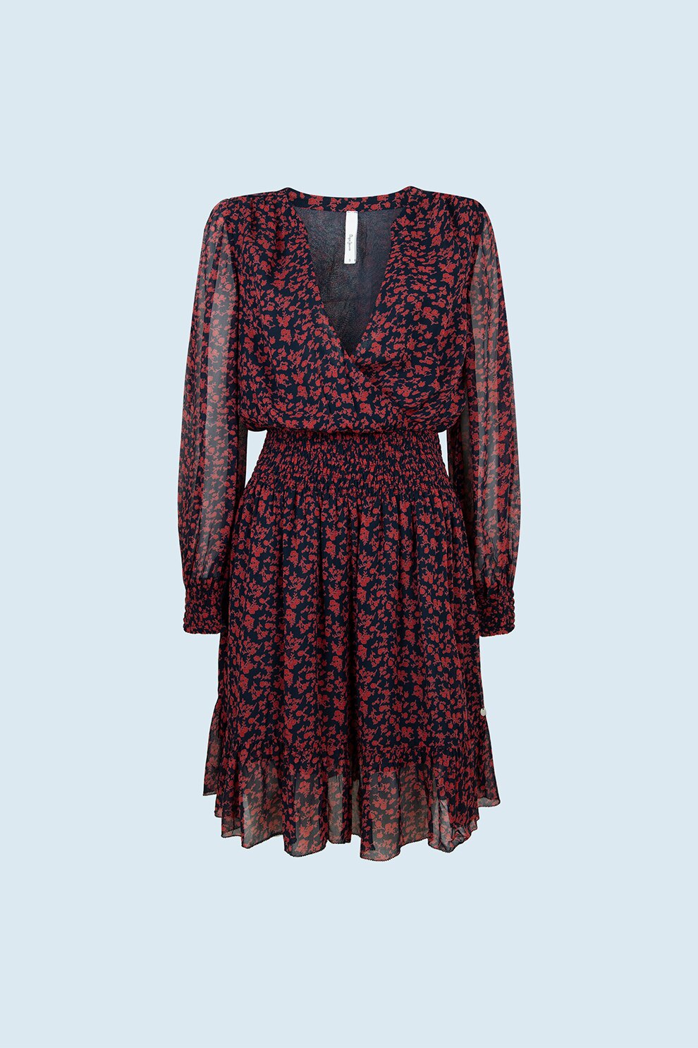 Pepe Jeans London, Rochie scurta evazata cu model floral, Bleumarin/Rosu