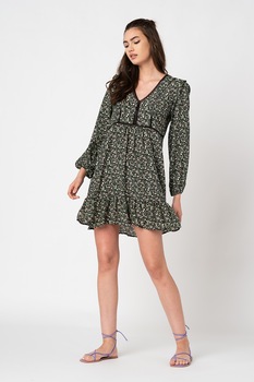 Pepe Jeans London, Rochie mini cu model floral Emily, Negru/Verde/Crem Pepe Jeans London, Rochie mini cu model floral Emily, Negru/Verde/Crem